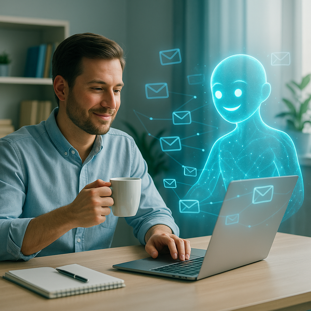 Mitarbeiter trinkt entspannt Kaffee, während ein KI-Assistent E-Mails bearbeitet.