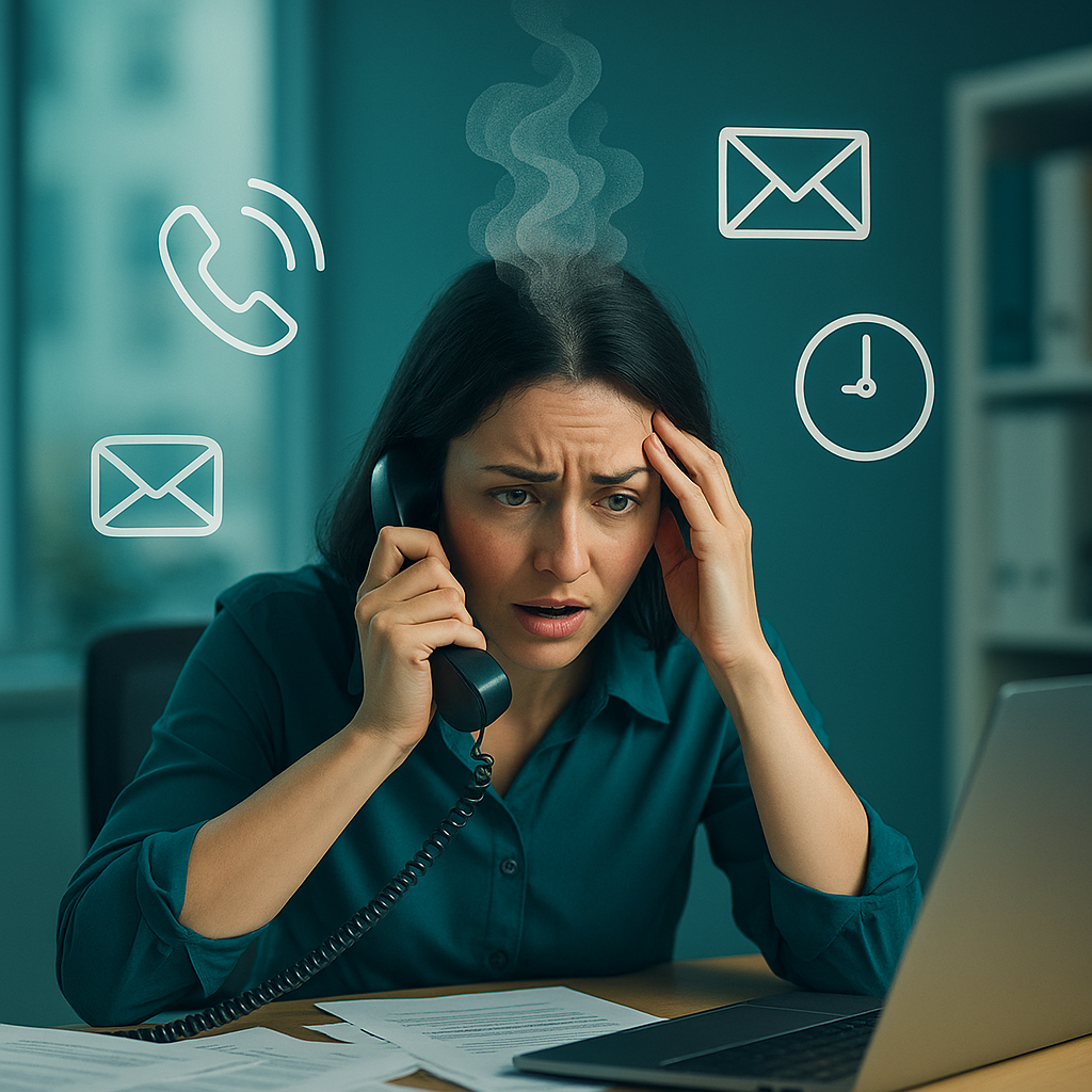 Gestresste Mitarbeiterin im Kundenservice mit Telefon und E-Mail-Symbolen.
