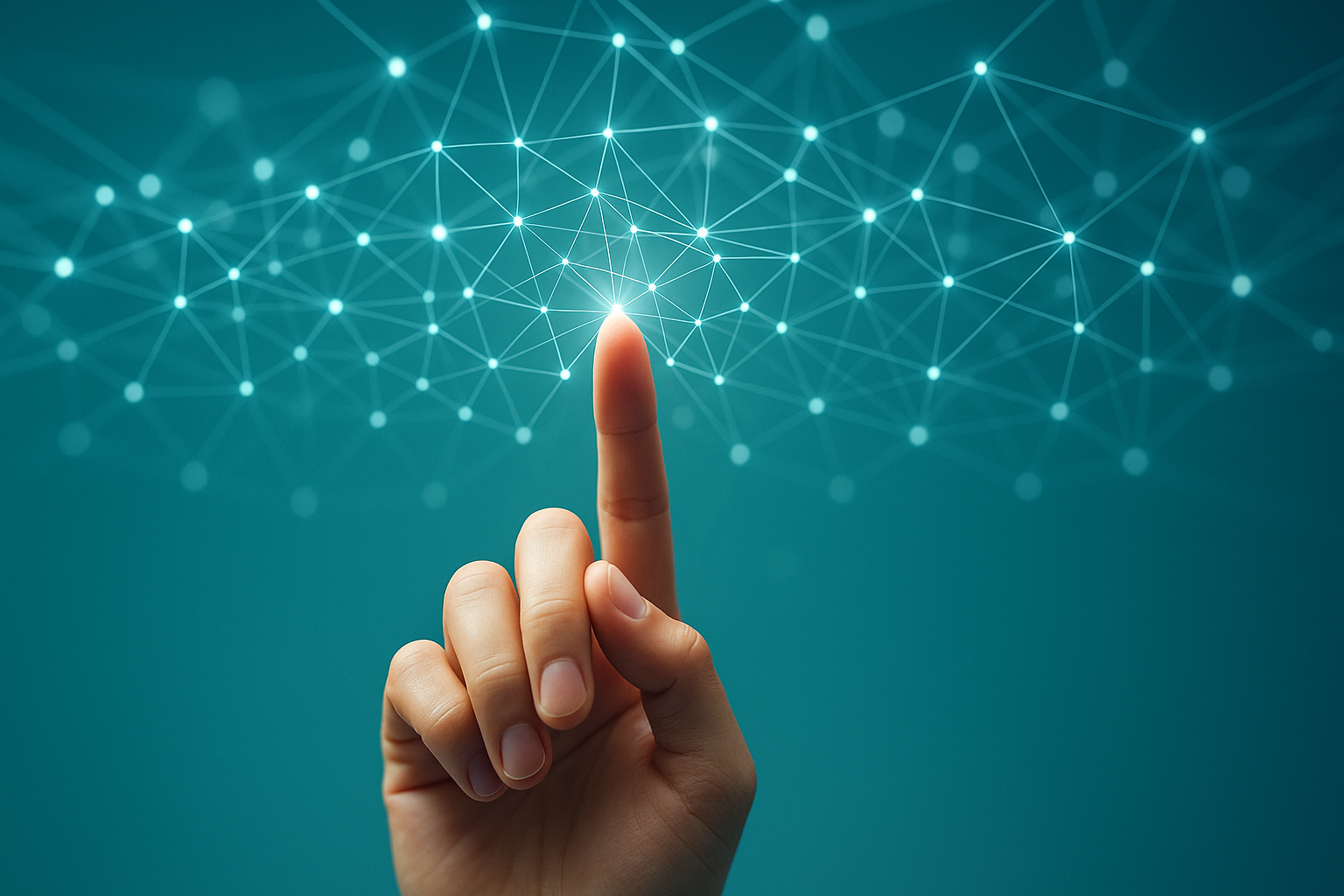 Hand von unten berührt ein neuronales Netzwerk.