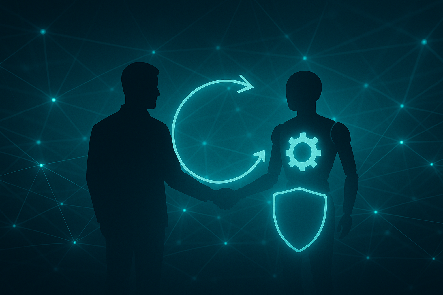 Silhouette eines Menschen und eines KI-Agenten in einem leuchtenden Automatisierungsnetzwerk.