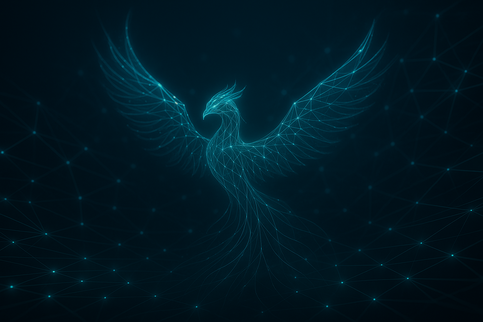 Leuchtende Phönix-Silhouette in einem digitalen Netzwerk.