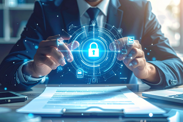 Geschäftsperson visualisiert digitale Compliance-Richtlinien mit holografischem Schloss.