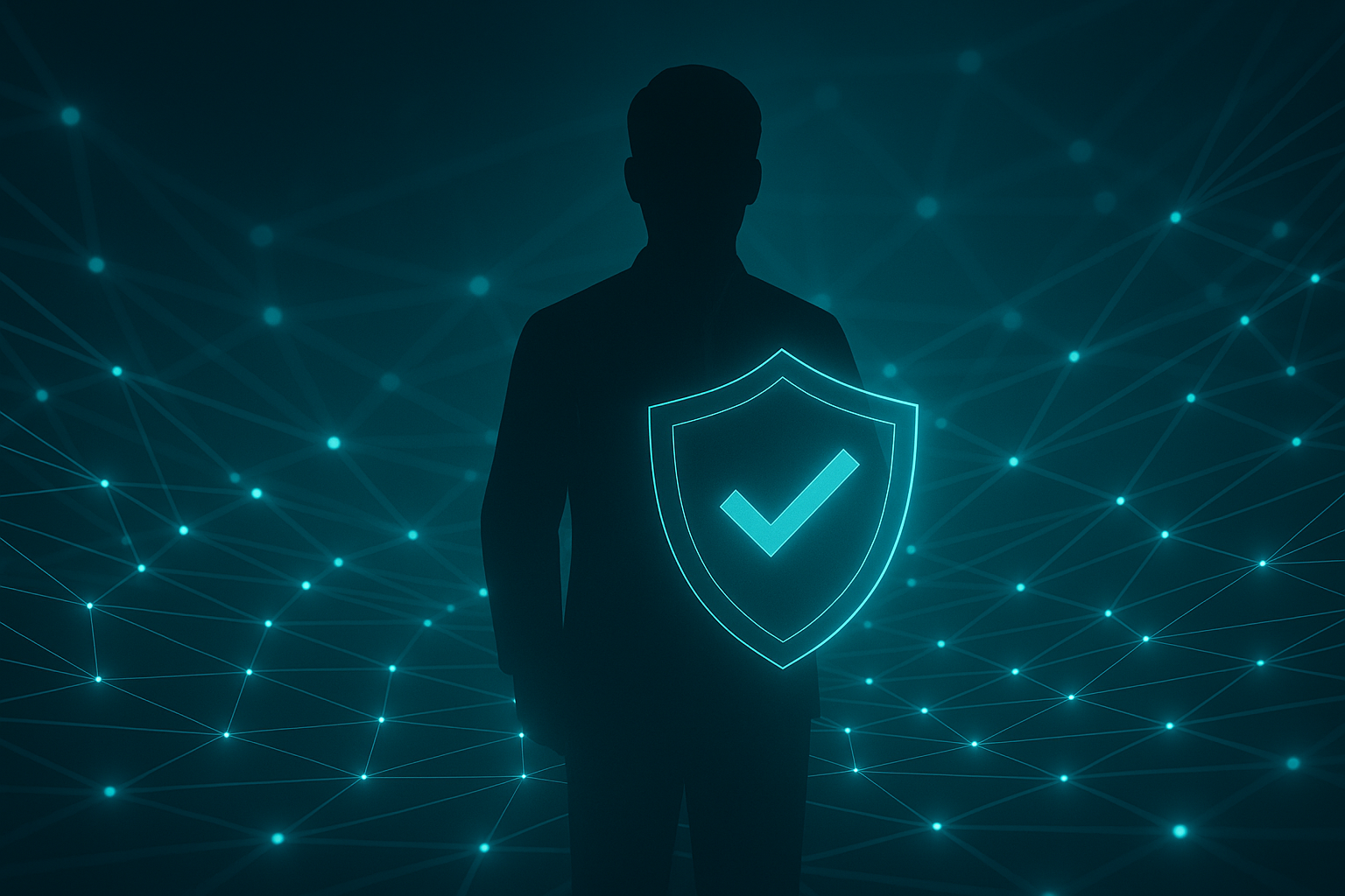 Silhouette mit Schutzschild in einem leuchtenden digitalen Netzwerk.