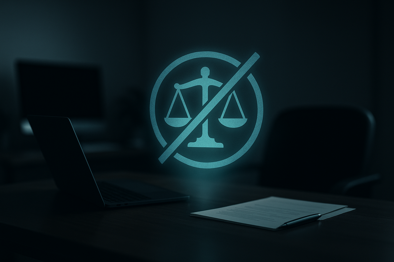 Leuchtendes, durchgestrichenes Rechtssymbol zur KI-Compliance-Beratung – keine Rechtsberatung.