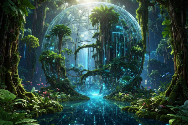Futuristischer Dschungel mit leuchtender KI-Sphäre im Zentrum.