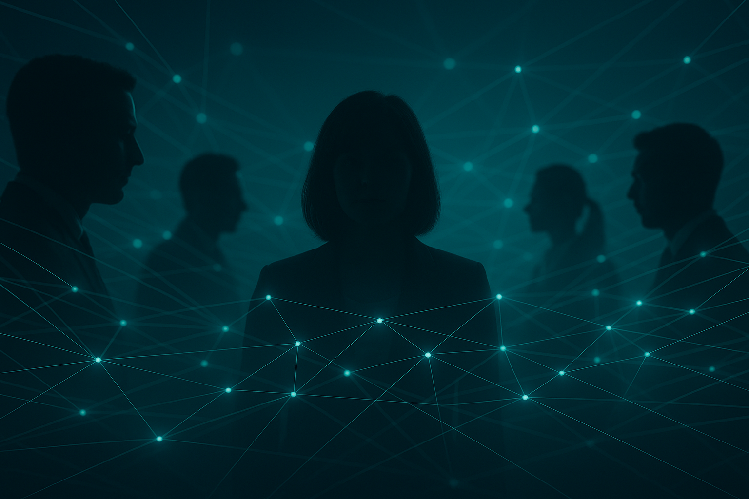 Zentrale weibliche Silhouette in einem digitalen Netzwerk aus Linien und Lichtpunkten.