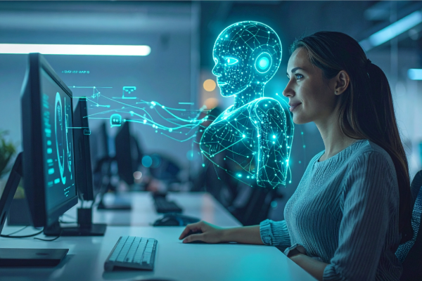 Frau arbeitet mit digitalem KI-Hologramm am Computer.