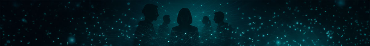 Silhouetten in einem leuchtenden Netzwerk mit zentraler weiblicher Figur.