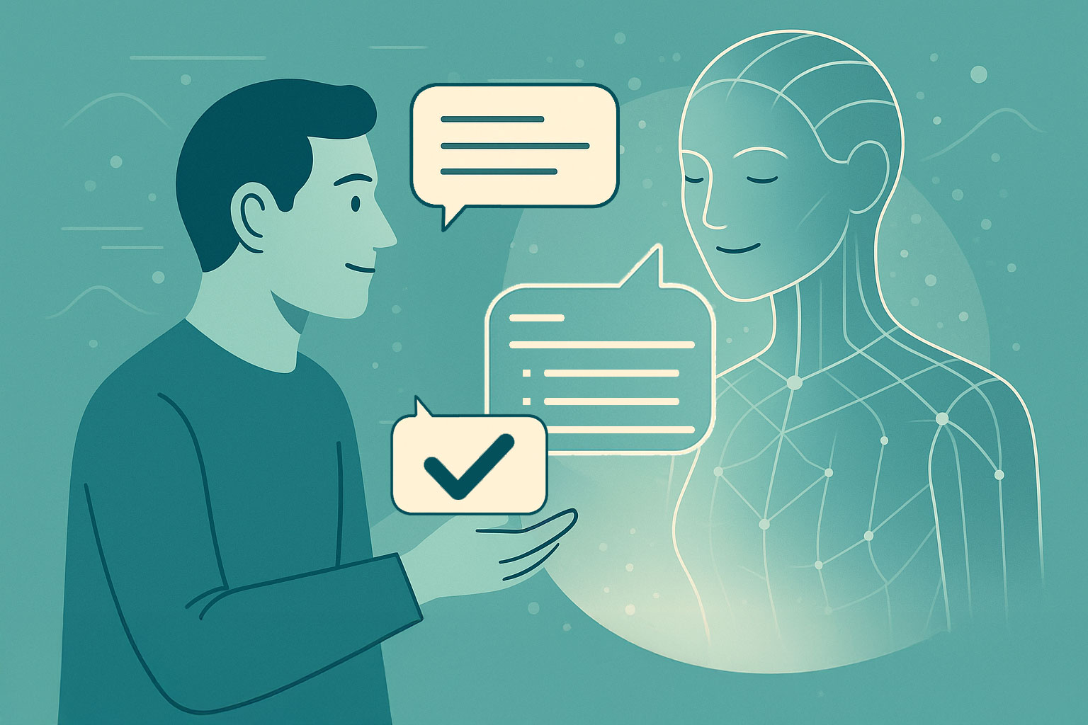 Darstellung von Mensch und KI im Gespräch über richtiges Prompten.