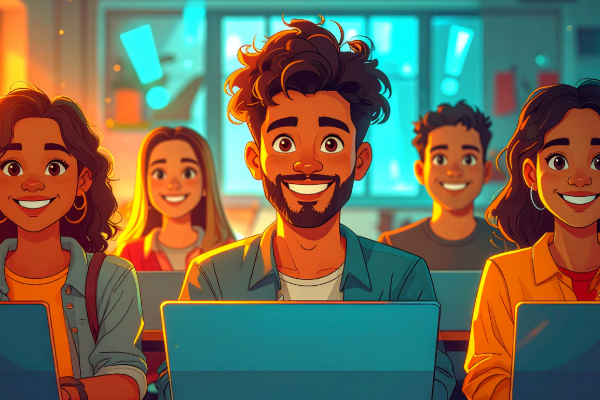 Gruppe junger Menschen lernt gemeinsam mit Laptops in freundlicher Atmosphäre.