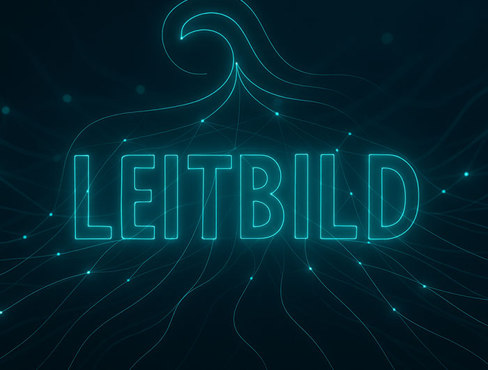 Abstrakte leuchtende LEITBILD-Silhouette in einem digitalen Netzwerk.