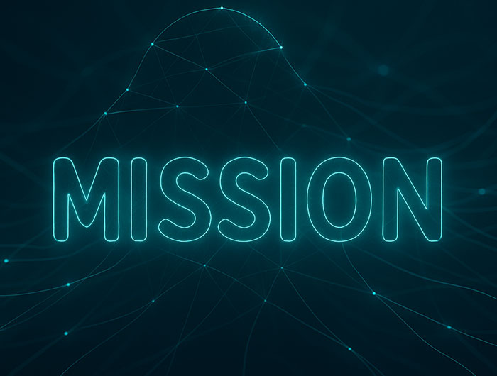 Leuchtende abstrakte MISSION-Silhouette in einem digitalen Netzwerk.