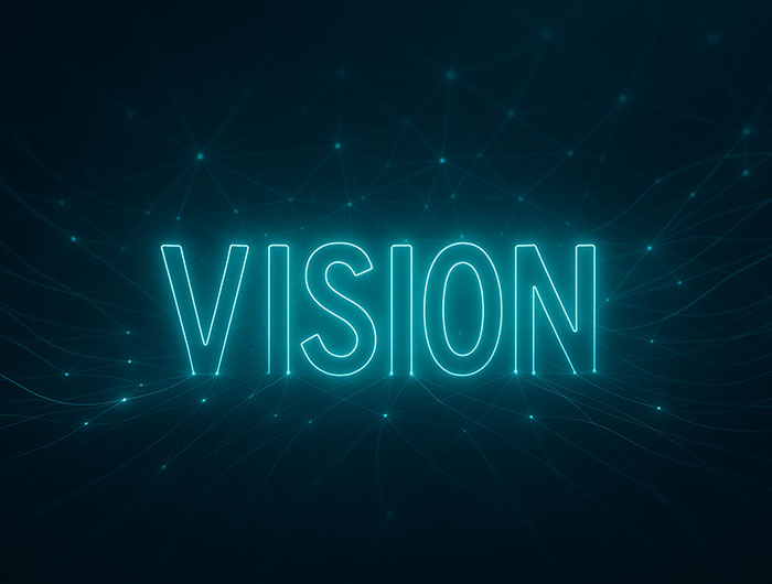 Leuchtende abstrakte VISION-Silhouette in einem digitalen Netzwerk.