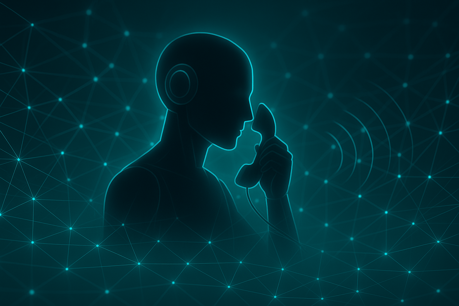 Silhouette eines künstlichen Voicebots beim Telefonieren in einem leuchtenden Netzwerk.